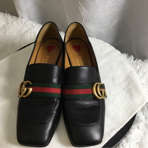 Gucci Shoes - Authentic Gucci Black Leather Loafers with Red and Green Web & Gold Double G